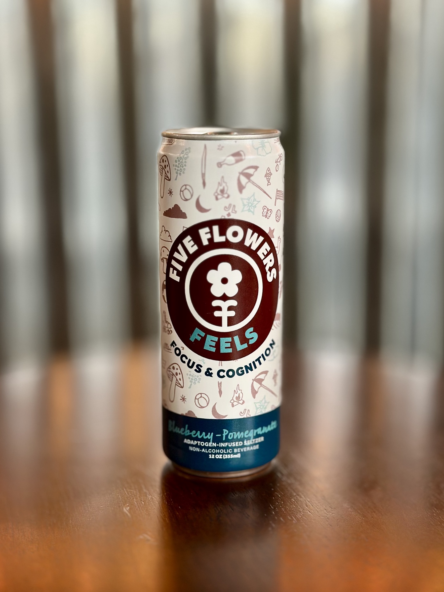 Five Flowers | FEELS | Adaptogen-Infused Seltzer | 12oz / Focus & Cognition / Blueberry-Pomegranate